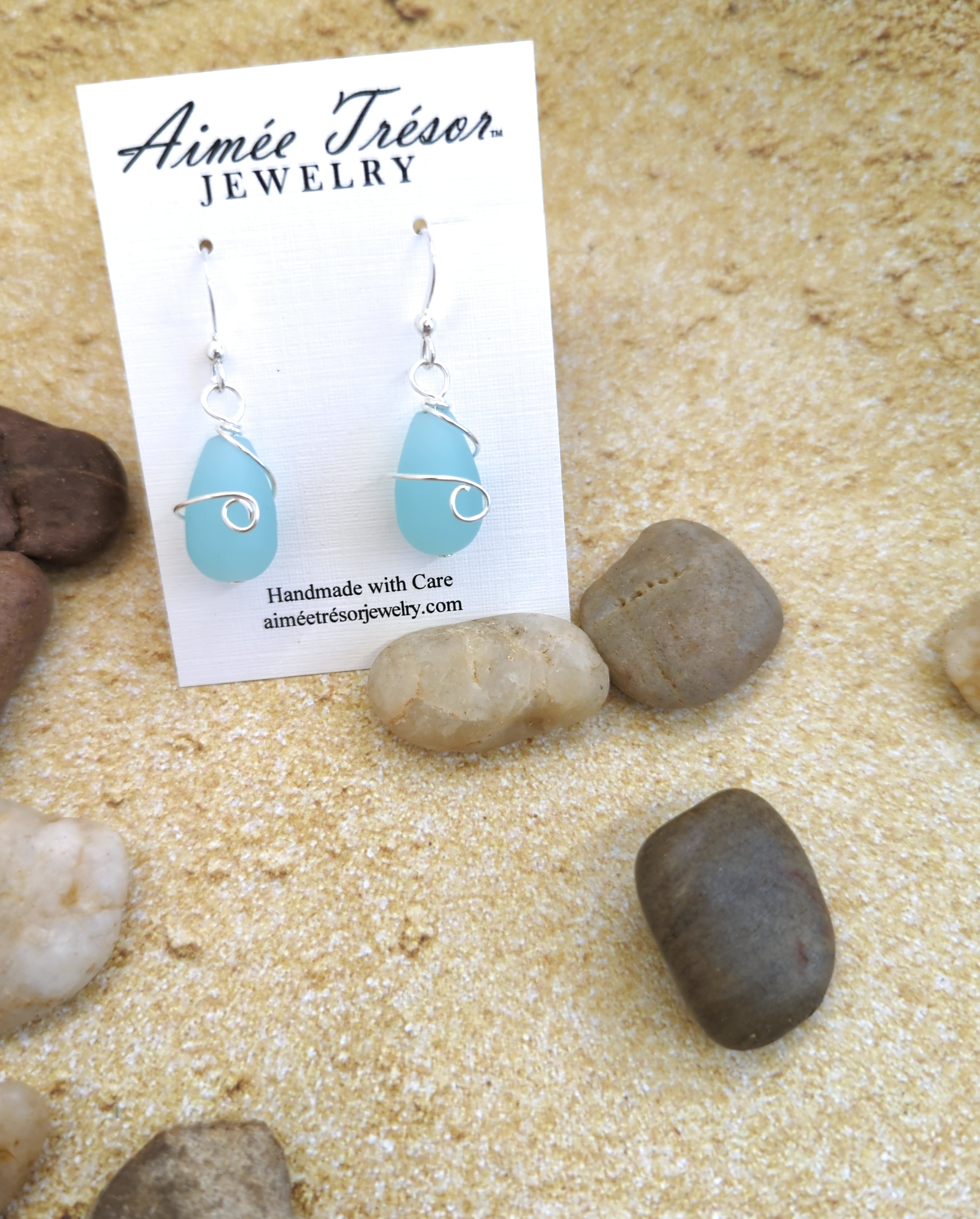 Gorgeous Sea Foam BLUE Recycled Sea Glass Earrings with Beautiful Wire Swirl Wrap