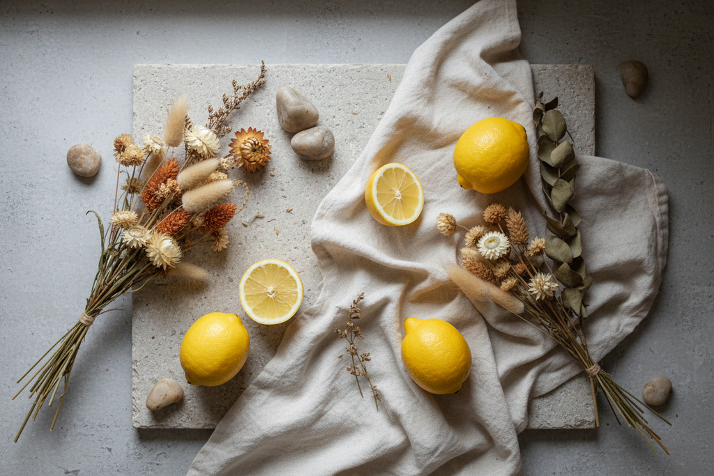 Yellow lemons with dried flowers on stone and linen