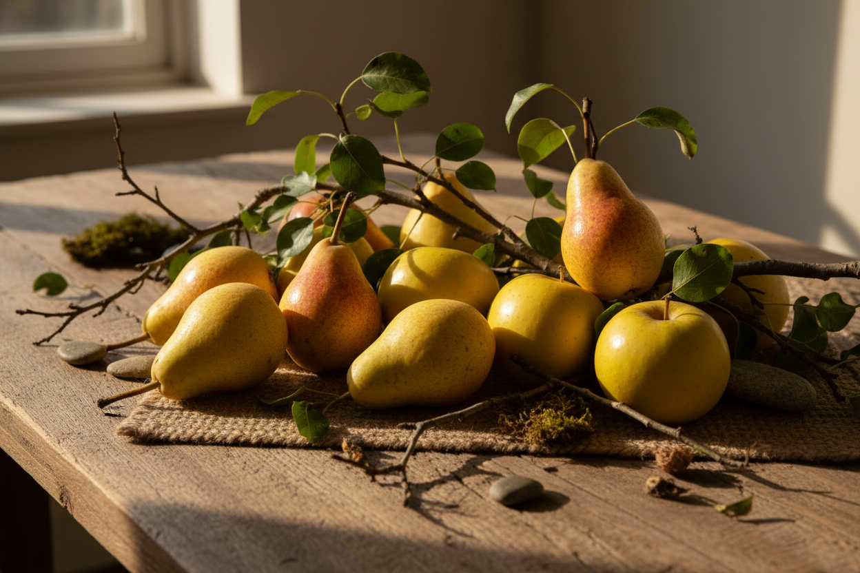 Yellow pears and golden apples on rustic table