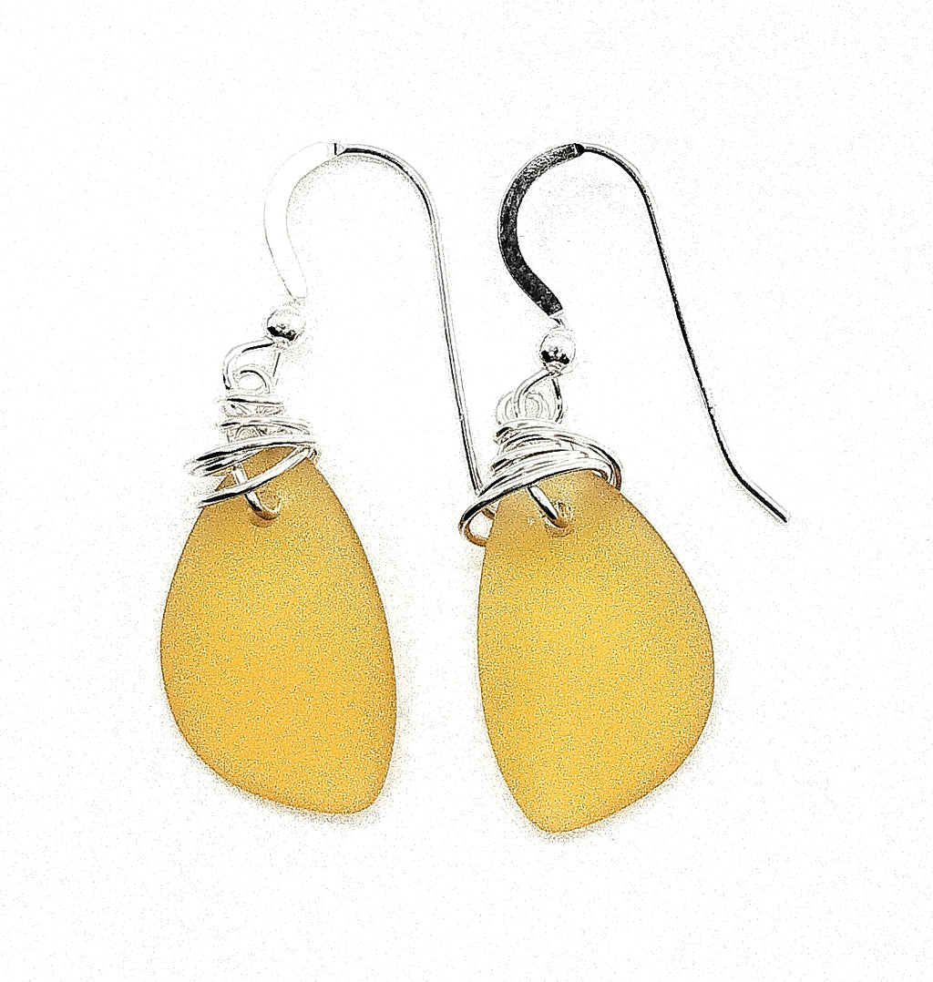 Aimee Tresor Yellow Recycled Sea Glass Earrings on Sterling Silver Hooks
