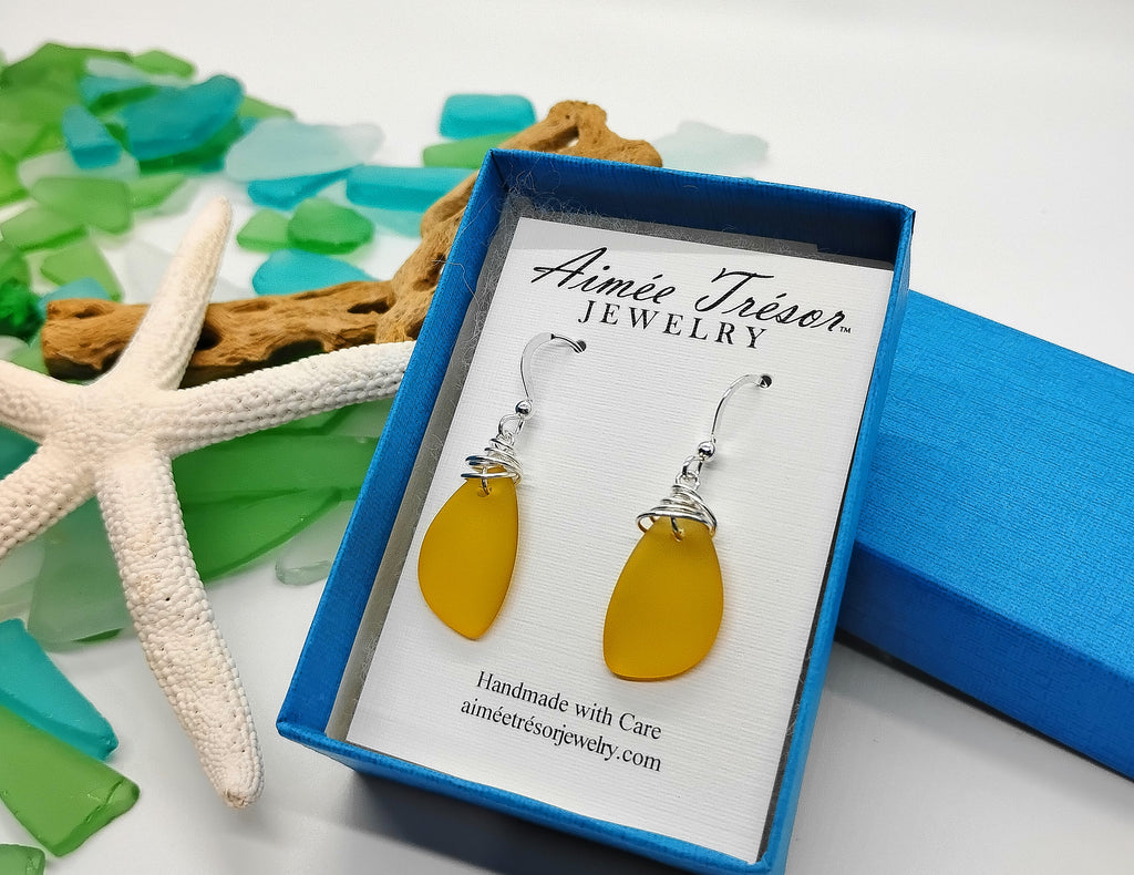 Aimee Tresor Yellow Recycled Sea Glass Earrings on Sterling Silver Hooks