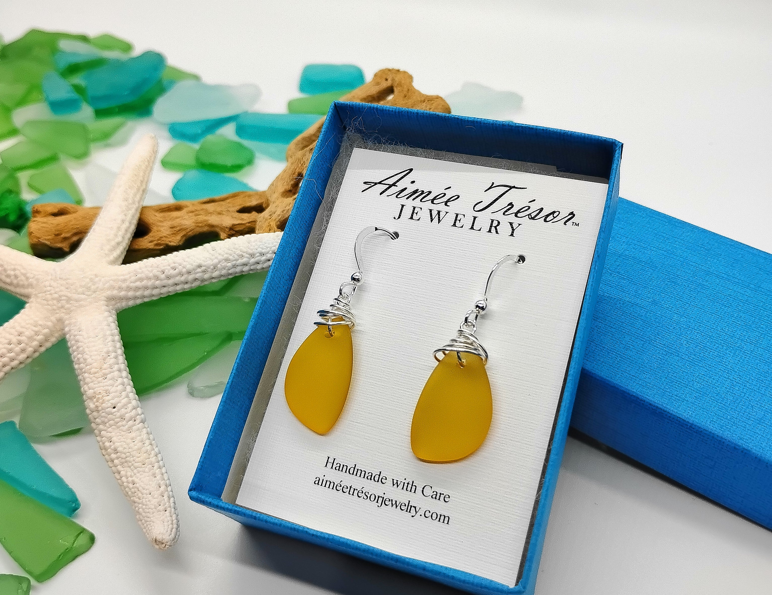 Aimee Tresor Yellow Recycled Sea Glass Earrings on Sterling Silver Hooks