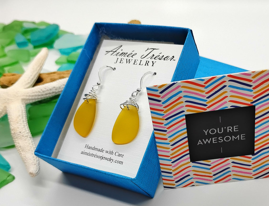 Aimee Tresor Yellow Recycled Sea Glass Earrings on Sterling Silver Hooks