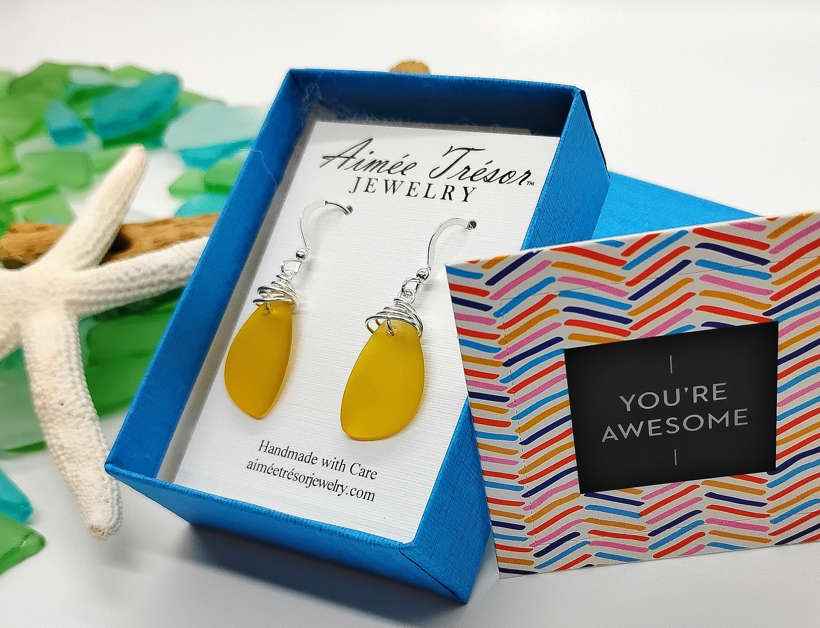 Aimee Tresor Yellow Recycled Sea Glass Earrings on Sterling Silver Hooks