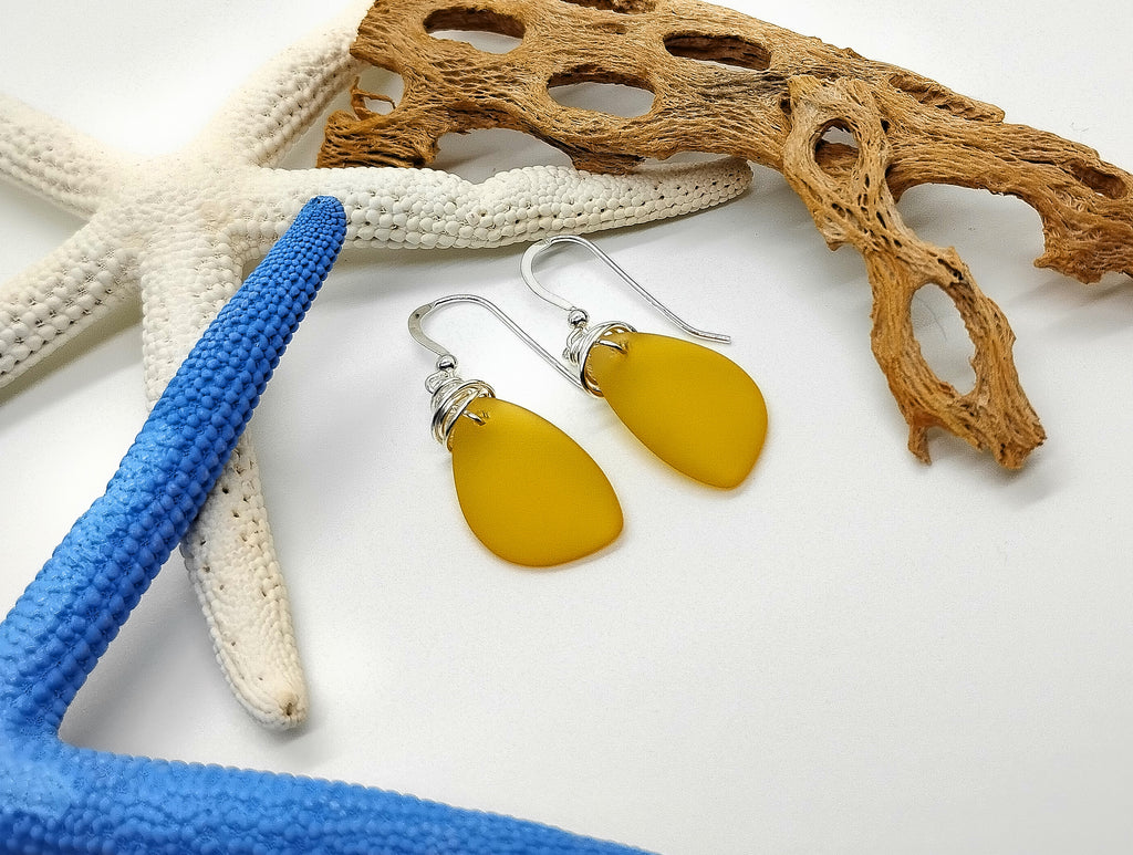 Aimee Tresor Yellow Recycled Sea Glass Earrings on Sterling Silver Hooks