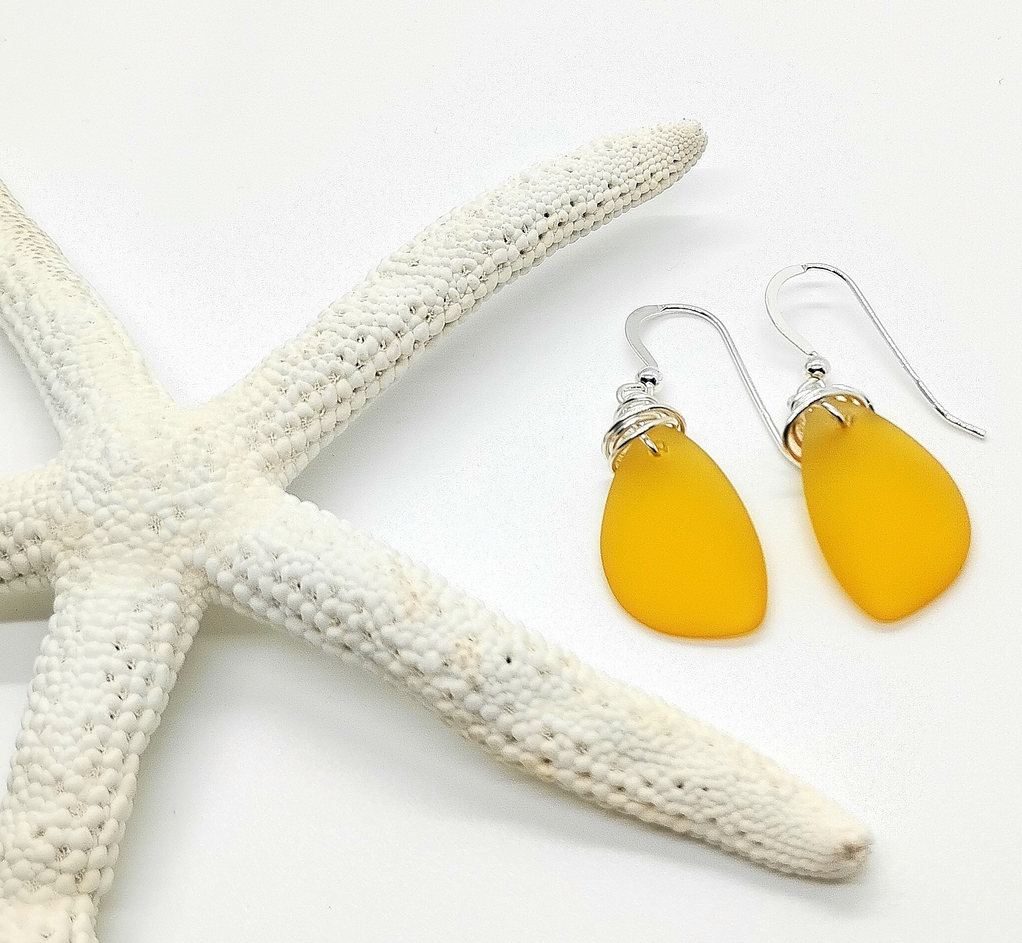 Aimee Tresor Yellow Recycled Sea Glass Earrings on Sterling Silver Hooks